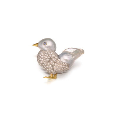 View full screen - View 1 of Lot 482. Baroque Pearl, Diamond and Sapphire Clip-Brooch.
