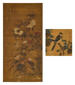 Two paintings depicting flowers and bird | (款)錢維城《秋露凝香圖》設色絹本 鏡框 及 佚名《枝葉鳥息》設色絹本 立軸