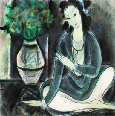 View full screen - View 1 of Lot 76. LIN FENGMIAN (1900-1991) FEMME ASSISE AU BOUQUET DE FLEURS | 林風眠 《仕女圖》 設色紙本 鏡框 | Lin Fengmian (1900-1991) Seated woman with flowers.