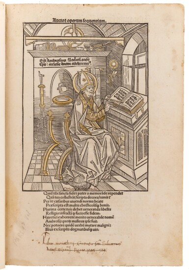 View full screen - View 1 of Lot 10. Ambrosius, Opera, Basel, Amerbach, 1492, 3 volumes, later vellum, from the Carthusians of Monte Bracco.