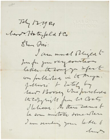 View full screen - View 1 of Lot 33. E. Elgar. Autograph letter signed to the publishers Hatzfeld & Co., 13 July 1904.