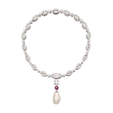 View full screen - View 1 of Lot 1917. An Important Natural Pearl, Diamond and Ruby Pendent Necklace | 卡地亞 | 天然珍珠 配 3.69 及 2.32克拉 D色 鑽石 及 紅寳石 項鏈.