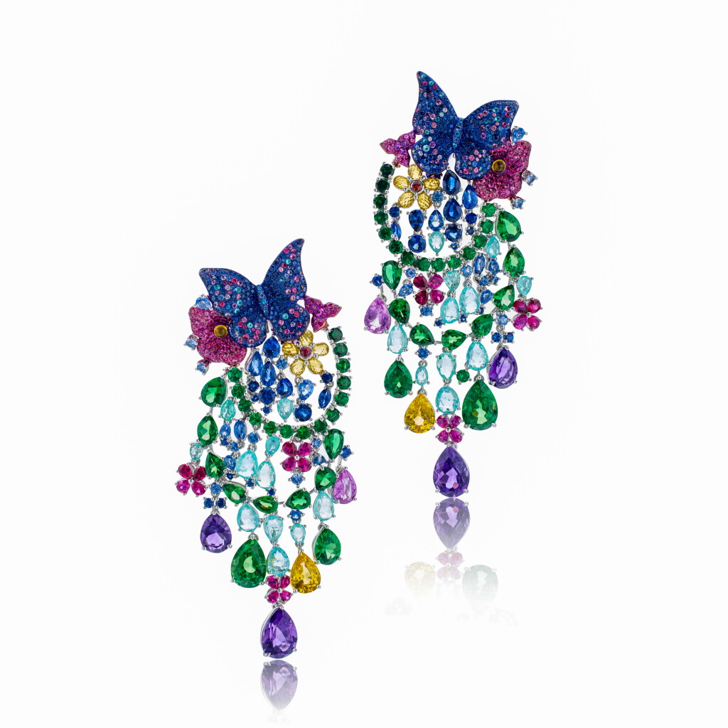 View full screen - View 1 of Lot 539. Unique pair of gem set pendent earrings, ‘Animal World’.