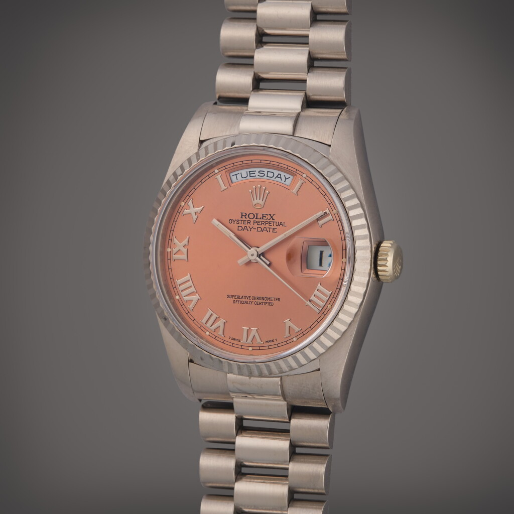 View full screen - View 1 of Lot 327. Reference 18239 Day-Date | A white gold automatic wristwatch with day, date, and bracelet, Circa 1989.