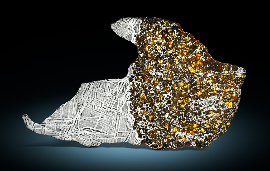 View full screen - View 1 of Lot 117. Large Complete Slice Of A Seymchan Meteorite — Extraterrestrial Gemstones In Natural Metallic Matrix.