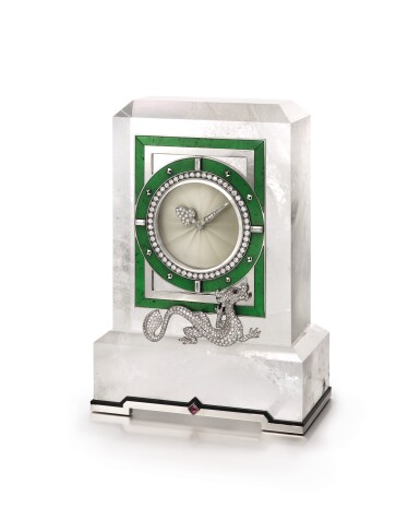 View full screen - View 1 of Lot 1661. Cartier | Rock Crystal, Enamel, Diamond and Hardstone Desk Clock | 卡地亞 | 白水晶, 琺琅彩 配 鑽石 及 硬石 座鐘.