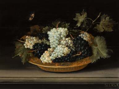 View full screen - View 1 of Lot 37. Still life with black and green grapes in a gilded salver on a ledge.