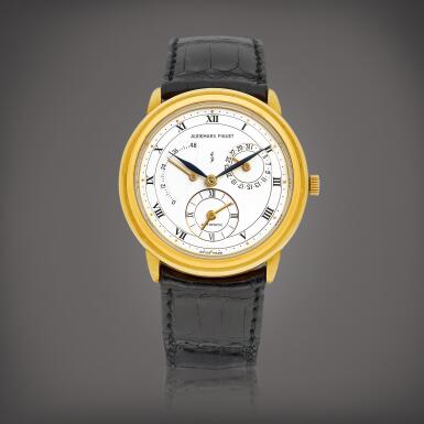 View full screen - View 1 of Lot 8665. Jules Audemars, Reference 25685 | A limited edition yellow gold dual time zone wristwatch with date and power reserve indication, Circa 1992 | 愛彼 | Jules Audemars 型號25685 | 限量版黃金兩地時間腕錶,備日期及動力儲備顯示,約1992年製.