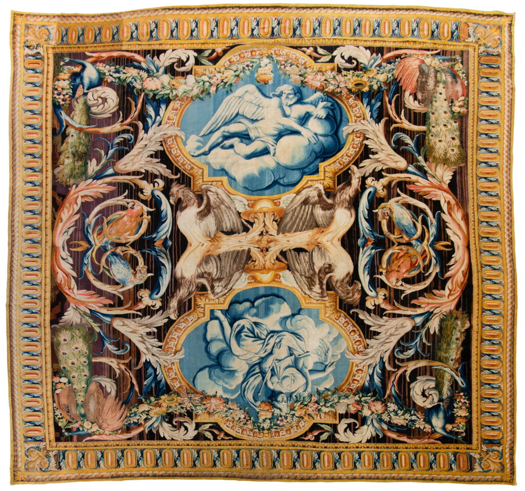 View full screen - View 1 of Lot 20. A Royal Louis XIV Savonnerie Carpet Designed for the Grande Galerie, Palais du Louvre, from the Chaillot Workshop of the Lourdet Family, according to a scheme by Charles Le Brun (1619-1690) and/or Louis Le Vau (1612-1670, Premier Architect du Roi 1654), after a design by François I Francart (1622-1672) and Beaudrin Yvart Le Père (1611-1690), and delivered 10 June 1678.