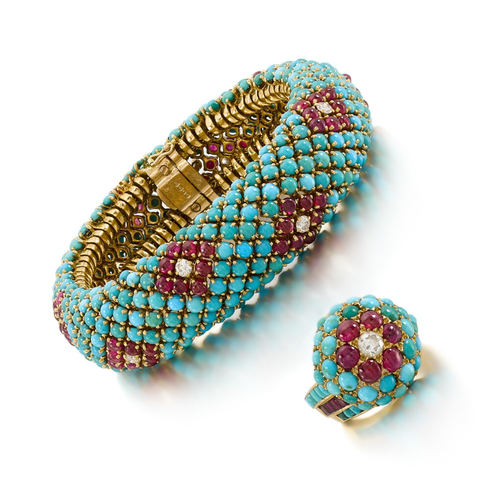 View full screen - View 1 of Lot 80. Turquoise, Ruby and Diamond Bracelet and Ring, 1961.