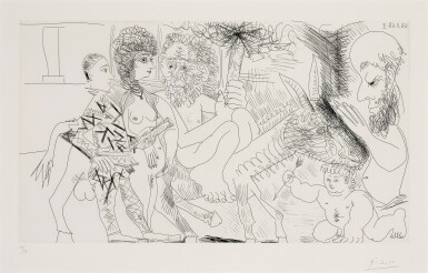 View full screen - View 1 of Lot 115. Groupe avec vieillard à la torche sur un âne amoureux, femme et arlequin, from the 347 Series.
