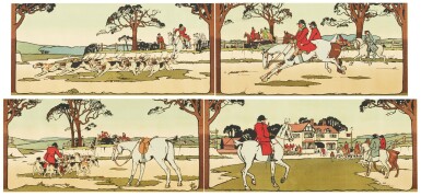 View full screen - View 1 of Lot 136. 'THE HUNTING FRIEZE'; FOUR EDWARDIAN WALLPAPER PANELS, ARTHUR SANDERSON & SONS LTD., DESIGNED BY HENRY WATKINS WILD, 1904.