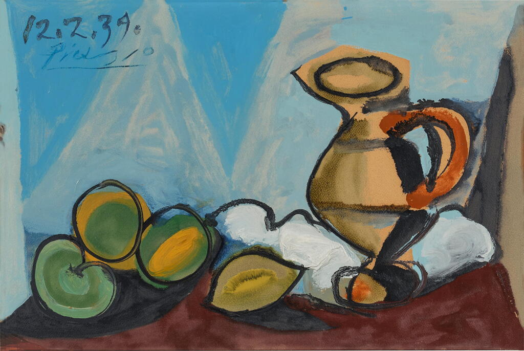 View full screen - View 1 of Lot 328. Nature morte, pichet et fruits .