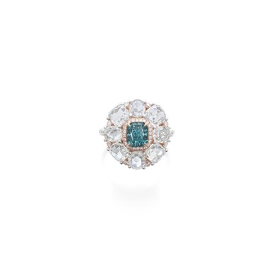 View full screen - View 1 of Lot 86. Fancy Vivid Green-Blue Diamond, Colored Diamond and Diamond Ring.