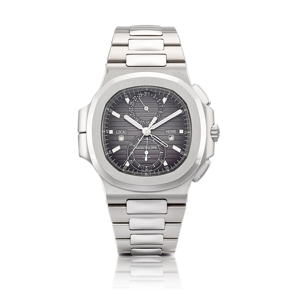 View full screen - View 1 of Lot 2292. Nautilus, Reference 5990 | A stainless steel dual time zone flyback chronograph bracelet watch with date and day and night indication, Circa 2015 | 百達翡麗 | Nautilus 型號5990 | 精鋼兩地時間飛返計時鏈帶腕錶,備日期及晝夜顯示,約2015年製.