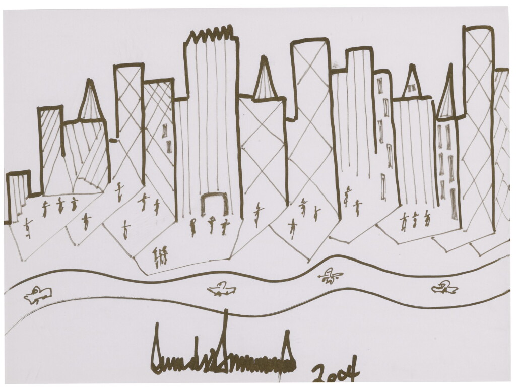 View full screen - View 1 of Lot 2214. Donald Trump, original drawing of a cityscape skyline, signed and dated.