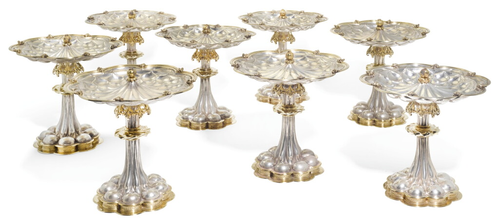 View full screen - View 1 of Lot 148. A SET OF EIGHT SWISS PARCEL-GILT SILVER RENAISSANCE STYLE DESSERT STANDS, BOSSARD & SOHN, ZURICH, CIRCA 1900.