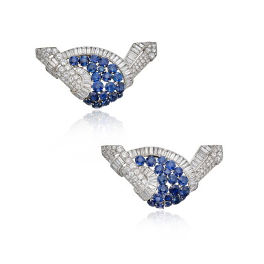 View full screen - View 1 of Lot 250. Pair of Sapphire and Diamond Clip-Brooches.