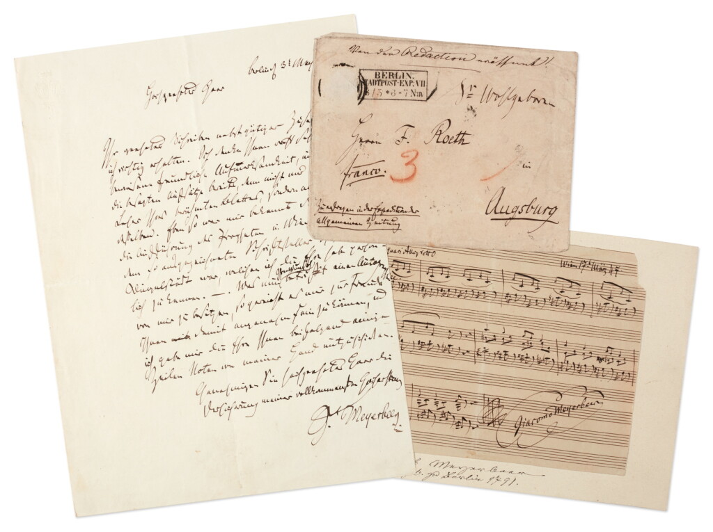 View full screen - View 1 of Lot 210. G. Meyerbeer and M. Bruch. Collection of 6 autograph letters and two autograph musical manuscripts, 1847-1918.