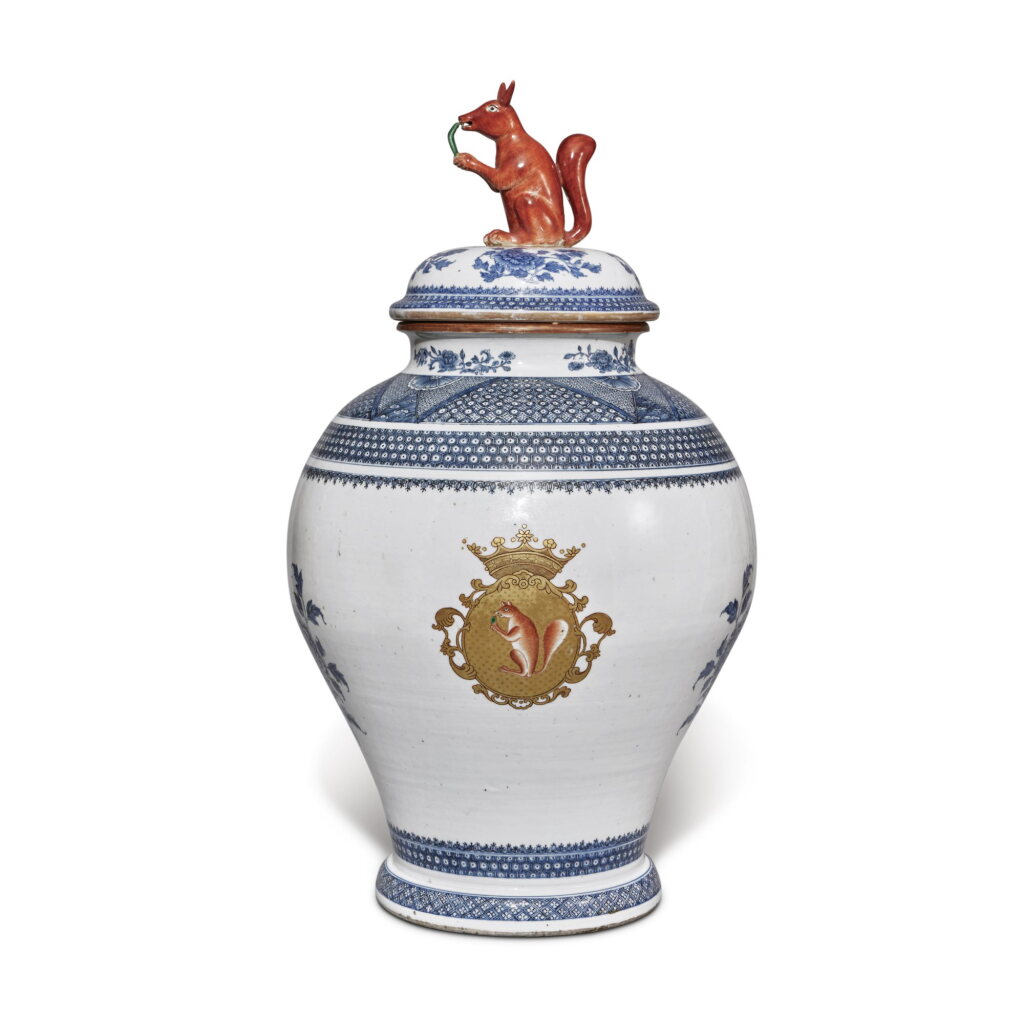 View full screen - View 1 of Lot 664. A Rare and Important Chinese Export Armorial Vase and Cover, Qing Dynasty, Qianlong Period, circa 1745.