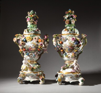 View full screen - View 1 of Lot 77. A pair of pots-pourris porcelain vases and covers, Meissen after model by J.J. Kaendler, late 19th century, circa 1880 | Paire de vases pots-pourri en porcelaine de Meissen d'après un modèle de J.J. Kaendler, fin du XIXe siècle, vers 1880.