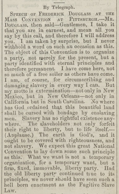 View full screen - View 1 of Lot 37. DOUGLASS, FREDERICK | Frederick Douglass'sSpeech to the Free Soil Party Convention on the Fugitive Slave Law, printed in Frederick Douglass's Paper, Vol. V, No. 35. Rochester, August 20, 1852.