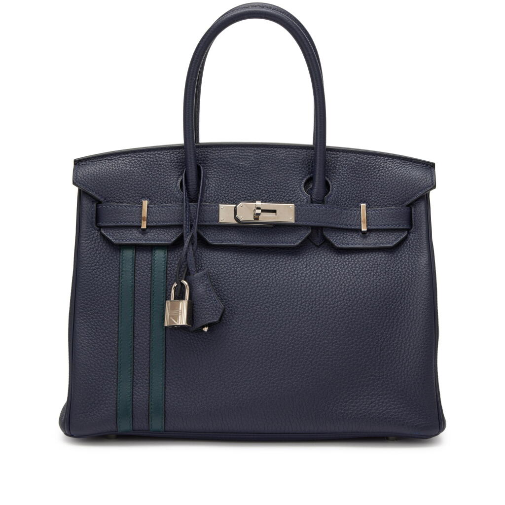 View full screen - View 1 of Lot 102. Limited Edition Bleu Nuit Togo and Vert Cypres Swift Officier Birkin 30 Palladium Hardware, 2018.