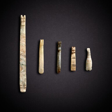 View full screen - View 1 of Lot 7904. Five jade belt hooks, Han dynasty | 漢 玉帶鉤五件.