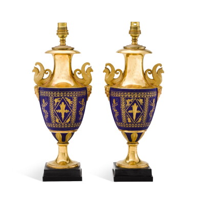 View full screen - View 1 of Lot 66. A pair of Paris porcelain gilt and matt-blue-ground vases mounted as lamps, early 19th century.