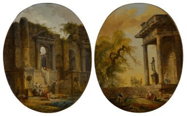 View full screen - View 1 of Lot 38. Washerwomen by a pool before the ruins of a palace; Figures resting by a portico with a statue of a woman.
