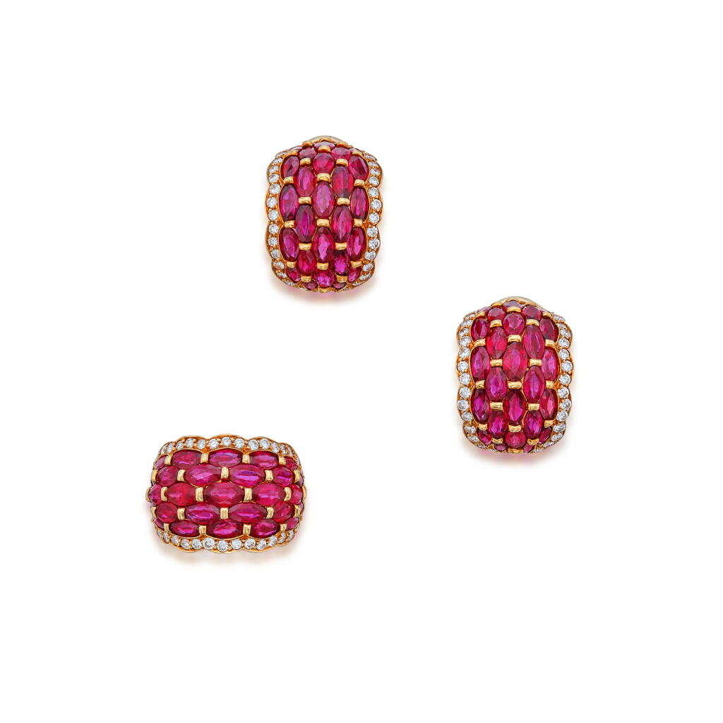 View full screen - View 1 of Lot 176. Ruby and Diamond Ring and Pair of Earclips.