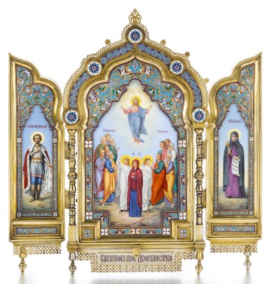 View full screen - View 1 of Lot 502. A SILVER-GILT CLOISONNÉ AND PICTORIAL ENAMEL TRIPTYCH ICON, KHLEBNIKOV, MOSCOW, 1899-1908.