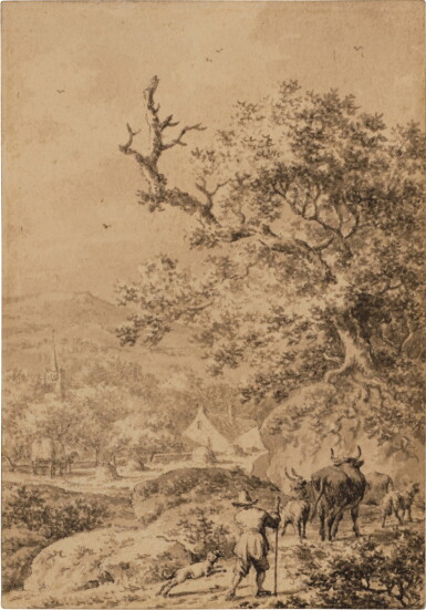 View full screen - View 1 of Lot 369. A pair: Herder and animals on a woodland path; Herder and animals at a pool among rocks.