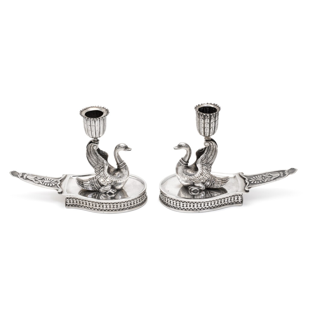 View full screen - View 1 of Lot 283. A pair of silver swan form candlestick holders, Gotthard Ferdinand Stang, St Petersburg, 1809.