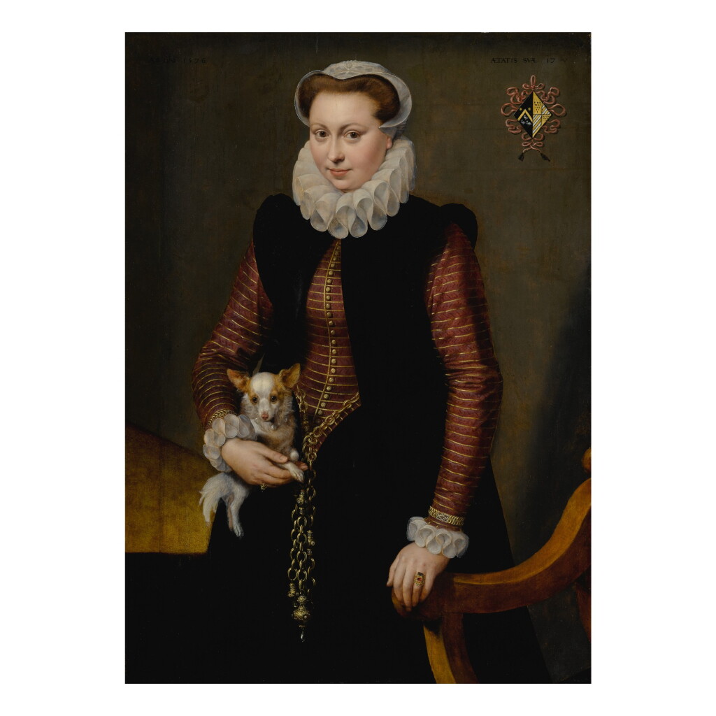 View full screen - View 1 of Lot 19. Portrait of a young woman, aged 17, holding a small spaniel wearing a collar of bells.