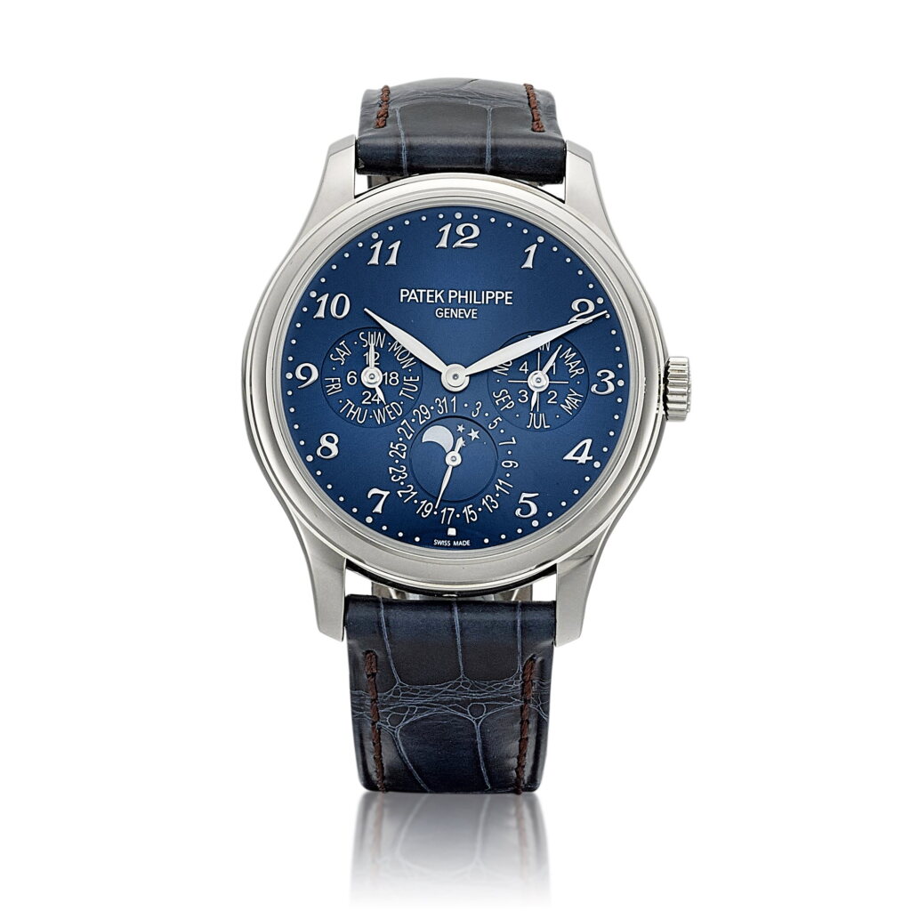 View full screen - View 1 of Lot 2255. Reference 5327 | A white gold perpetual calendar wristwatch with day, date, moon phases, 24 hours and leap year indication, Circa 2021 | 百達翡麗 | 型號5327 | 白金萬年曆腕錶,備日期、星期、月相、24小時及閏年顯示,約2021年製.