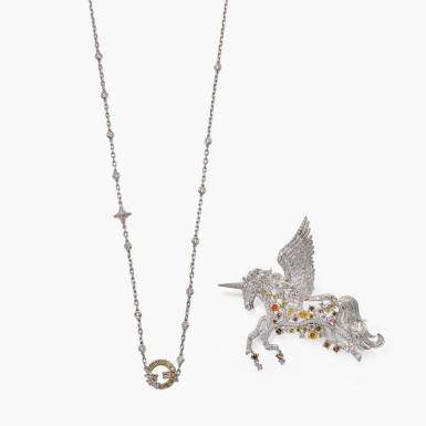 View full screen - View 1 of Lot 1428. Coloured Diamond and Diamond Pendent Necklace | 彩色鑽石 配 鑽石 吊墜 / 胸針.