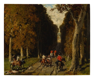 View full screen - View 1 of Lot 53. ALFRED DE DREUX | CHASSE DANS L'ALLÉE VERS LA CROIX.