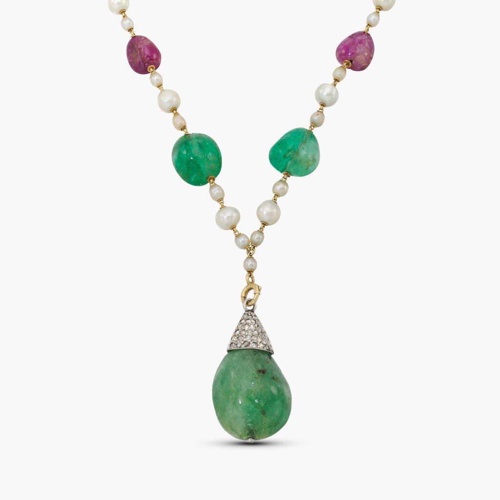 View full screen - View 1 of Lot 50. Emerald, Ruby, Sapphire, Cultured Pearl and Diamond Necklace .