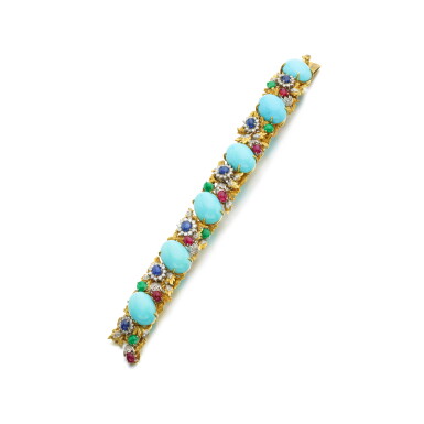 View full screen - View 1 of Lot 778. Turquoise, sapphire, ruby, jadeite and diamond bracelet, 1960s.