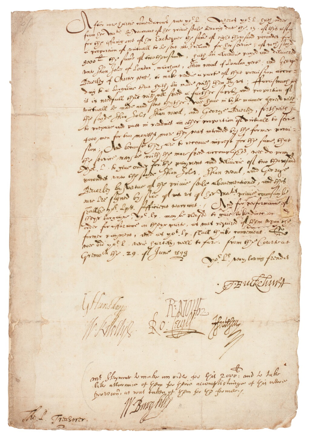 View full screen - View 1 of Lot 30. Elizabeth I--Privy Council | Warrant signed by six councillors, to Lord Burghley as Lord Treasurer, 29 June 1598.