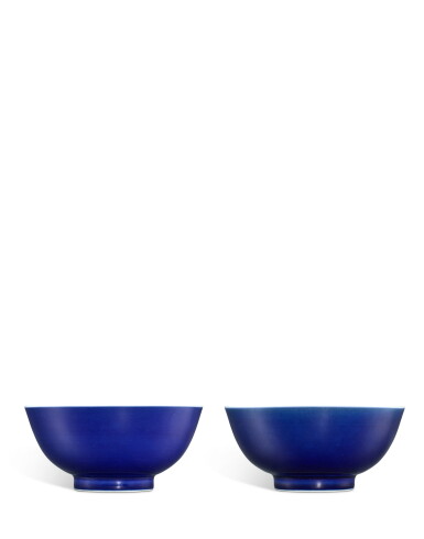 View full screen - View 1 of Lot 3824. A rare pair of blue-glazed bowls, Marks and period of Kangxi | 清康熙 霽藍釉盌一對 《大清康熙年製》款.