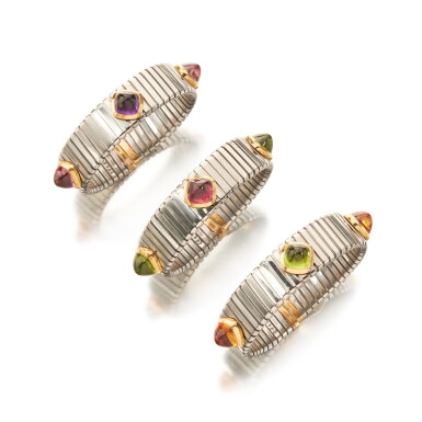 View full screen - View 1 of Lot 480. Three Steel, Gold and Gem-Set 'Tubogas' Cuff-Bracelets.