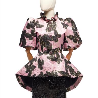 View full screen - View 1 of Lot 3. Haute Couture Pink and Black Brocaded Cocktail Ensemble, Spring-Summer 1995.