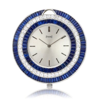 View full screen - View 1 of Lot 8070. A white gold, sapphire and diamond-set openface keyless watch, Circa 1990 | 伯爵 | 白金鑲藍寶石及鑽石懷錶,約1990年製.