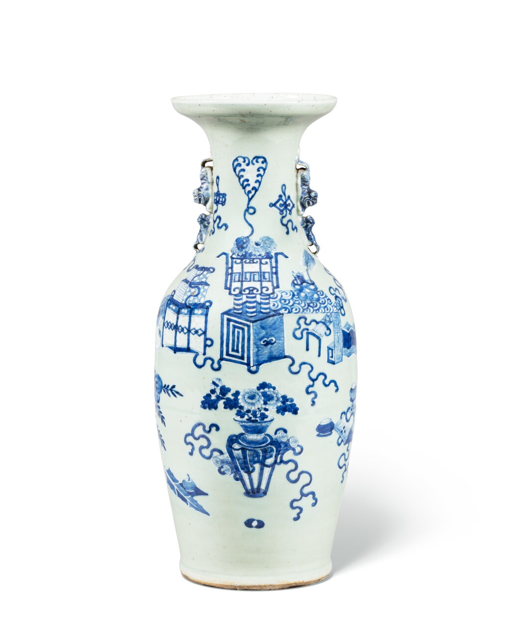 View full screen - View 1 of Lot 97. A large blue and white and celadon-ground baluster vase Qing dynasty, 19th century | 清十九世紀 廣東粉青地青花博古紋大瓶.
