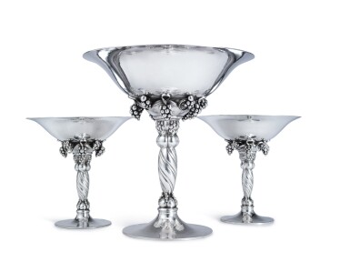 View full screen - View 1 of Lot 389. THREE DANISH SILVER GRAPEVINE PATTERN COMPOTES, NO. 263A (2) AND NO. 263B (1), GEORG JENSEN SILVERSMITHY, COPENHAGEN, 1945-77.