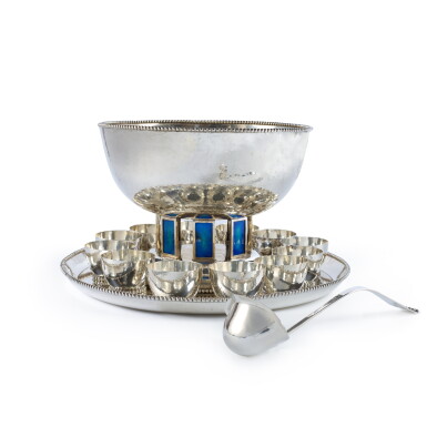 View full screen - View 1 of Lot 161. An American Silver and Enamel 'Palladian' Punch Bowl Service, Old Newbury Crafters, Newburyport, MA, Circa 1970.