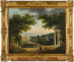 A formal garden with figures by a rotunda, a villa beyond