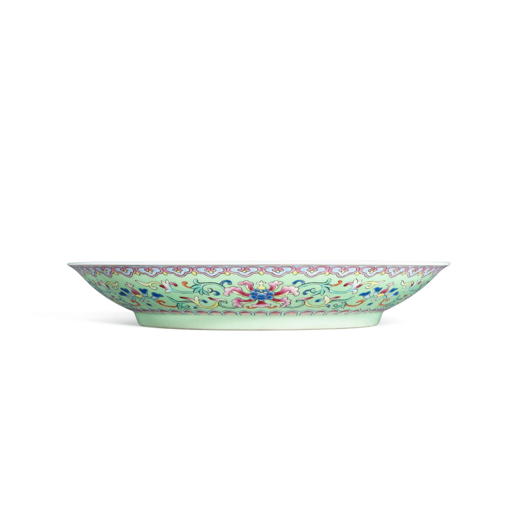 View full screen - View 1 of Lot 3362. A green-ground famille-rose 'lotus' dish, Seal mark and period of Qianlong | 清乾隆 綠地粉彩纏枝蓮紋盤 《大清乾隆年製》款.